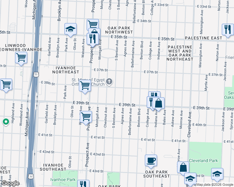 map of restaurants, bars, coffee shops, grocery stores, and more near 2915 East 38th Street in Kansas City