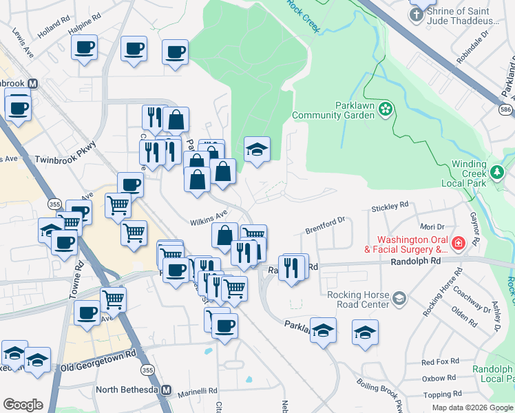 map of restaurants, bars, coffee shops, grocery stores, and more near 12213 Braxfield Court in Rockville