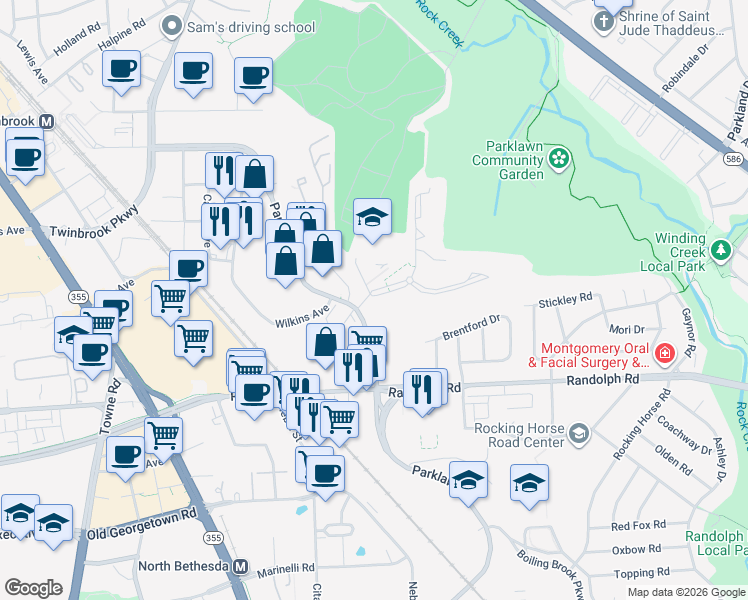 map of restaurants, bars, coffee shops, grocery stores, and more near 12201 Braxfield Court in Rockville