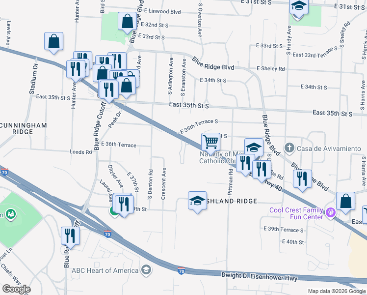map of restaurants, bars, coffee shops, grocery stores, and more near 9628 East US Highway 40 in Independence