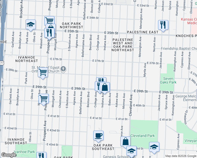 map of restaurants, bars, coffee shops, grocery stores, and more near 3308 East 38th Street in Kansas City