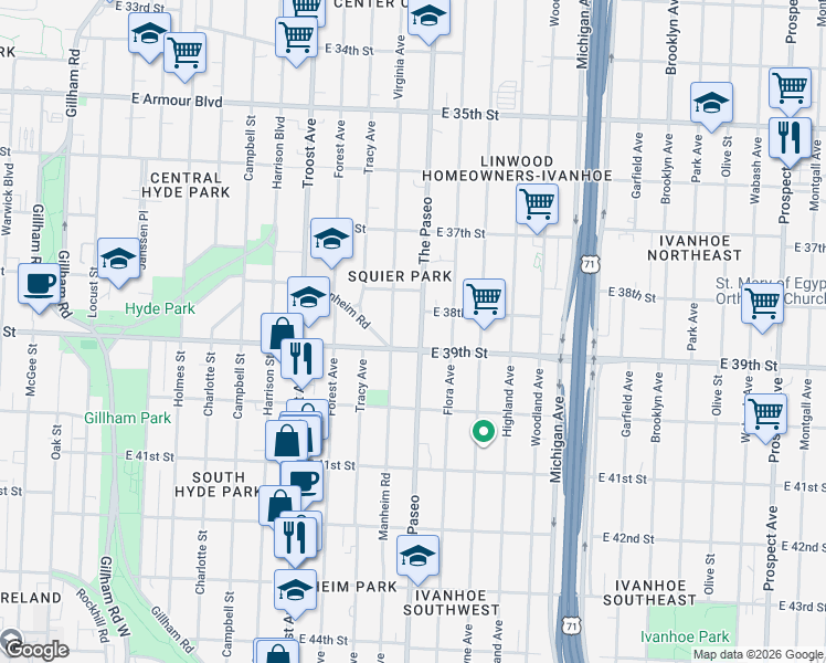 map of restaurants, bars, coffee shops, grocery stores, and more near 3818 The Paseo in Kansas City