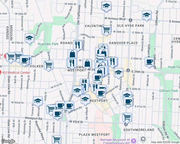 map of restaurants, bars, coffee shops, grocery stores, and more near in Kansas City