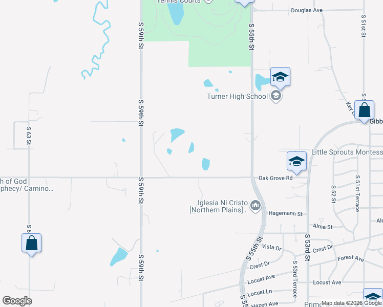 map of restaurants, bars, coffee shops, grocery stores, and more near 5720 Oak Grove Road in Kansas City