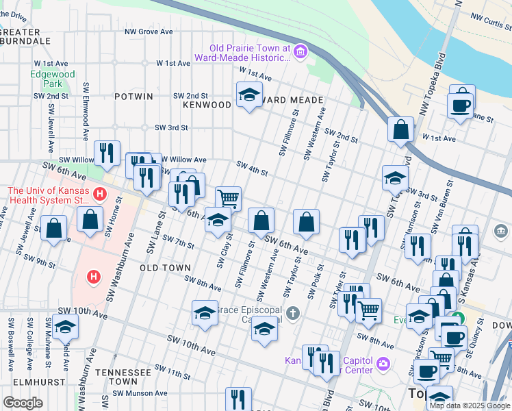 map of restaurants, bars, coffee shops, grocery stores, and more near 432 Southwest Clay Street in Topeka
