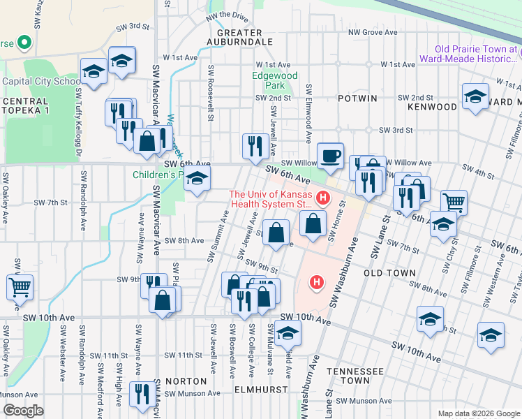 map of restaurants, bars, coffee shops, grocery stores, and more near 701 Southwest Jewell Avenue in Topeka