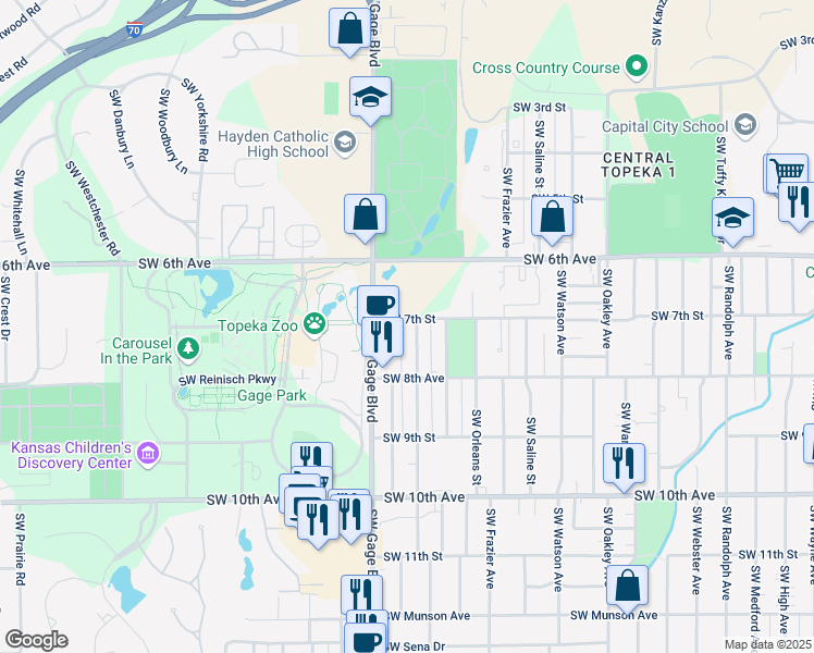 map of restaurants, bars, coffee shops, grocery stores, and more near 3530-3998 Southwest 7th Street in Topeka