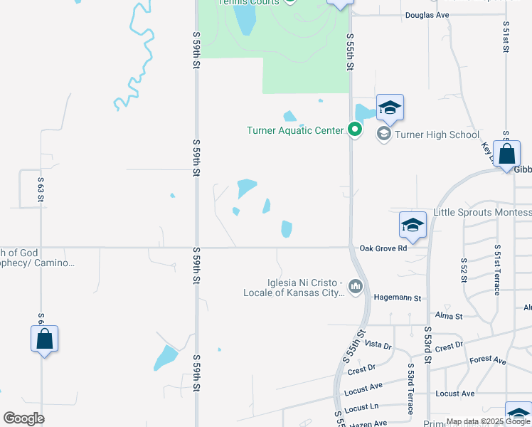 map of restaurants, bars, coffee shops, grocery stores, and more near 5720 Oak Grove Road in Kansas City