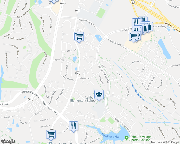 map of restaurants, bars, coffee shops, grocery stores, and more near 20242 Birdsnest Place in Ashburn