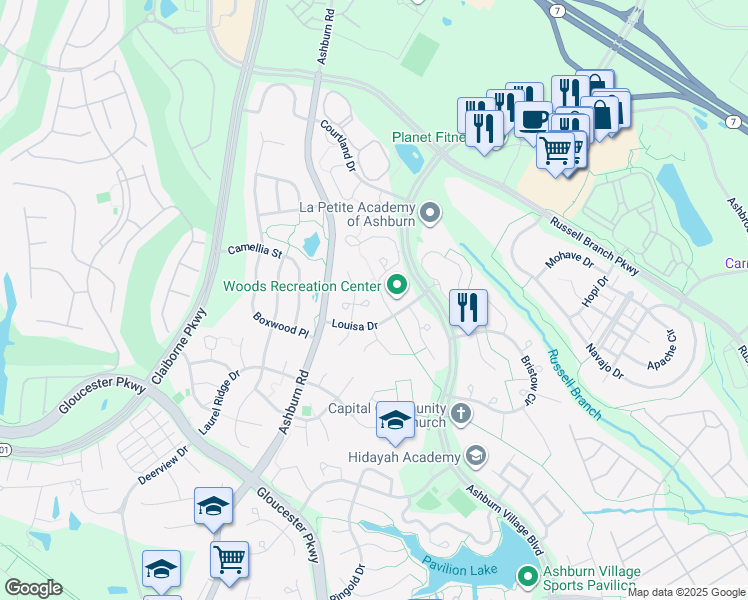 map of restaurants, bars, coffee shops, grocery stores, and more near 20242 Birdsnest Place in Ashburn