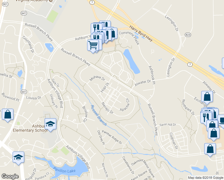 map of restaurants, bars, coffee shops, grocery stores, and more near 20227 Seneca Square in Ashburn