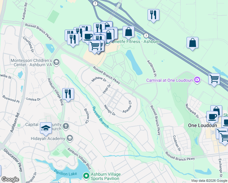 map of restaurants, bars, coffee shops, grocery stores, and more near 20227 Seneca Square in Ashburn