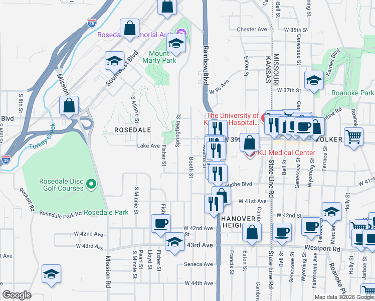 map of restaurants, bars, coffee shops, grocery stores, and more near 3901 Booth Street in Kansas City