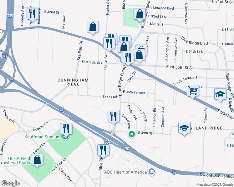 map of restaurants, bars, coffee shops, grocery stores, and more near 3622 Blue Ridge Cutoff in Kansas City