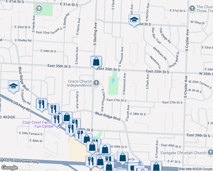 map of restaurants, bars, coffee shops, grocery stores, and more near 11305 East 36th Street South in Independence