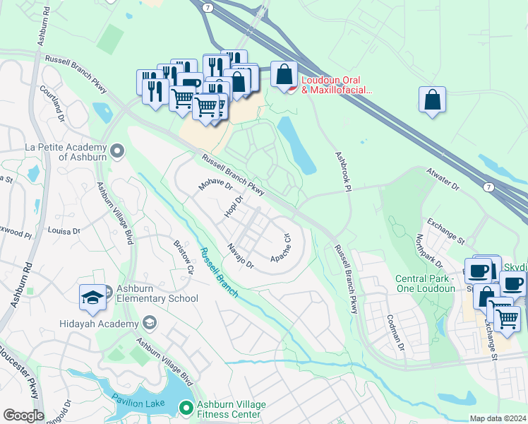 map of restaurants, bars, coffee shops, grocery stores, and more near 20225 Edisto Square in Ashburn
