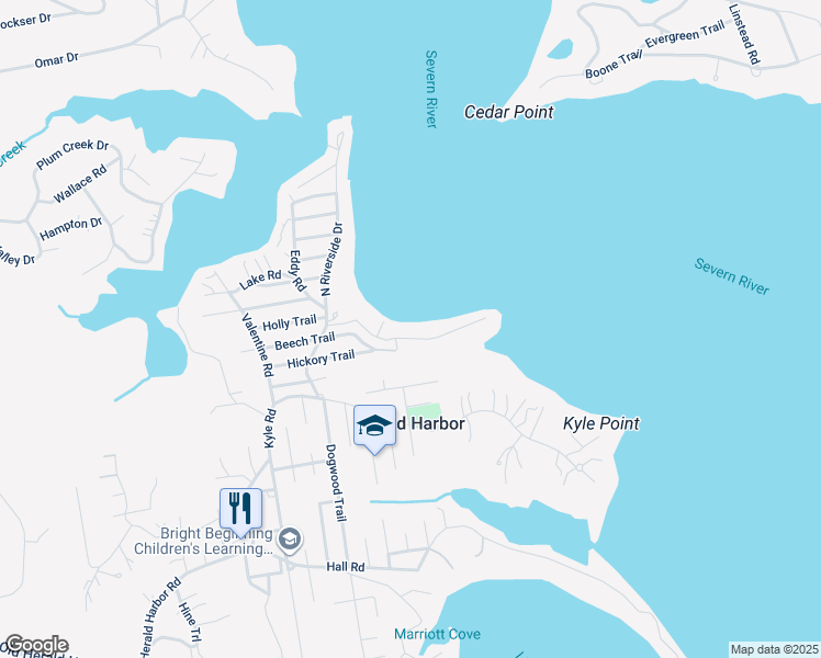 map of restaurants, bars, coffee shops, grocery stores, and more near 338 South Riverside Drive in Crownsville