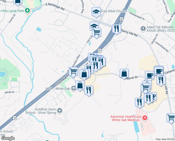 map of restaurants, bars, coffee shops, grocery stores, and more near 12200 Tech Road in Silver Spring