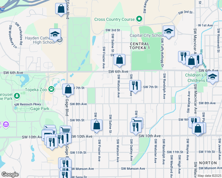 map of restaurants, bars, coffee shops, grocery stores, and more near 700 Southwest Saline Street in Topeka