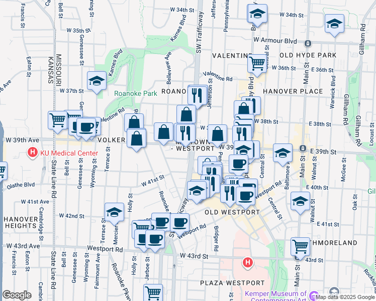 map of restaurants, bars, coffee shops, grocery stores, and more near in Kansas City