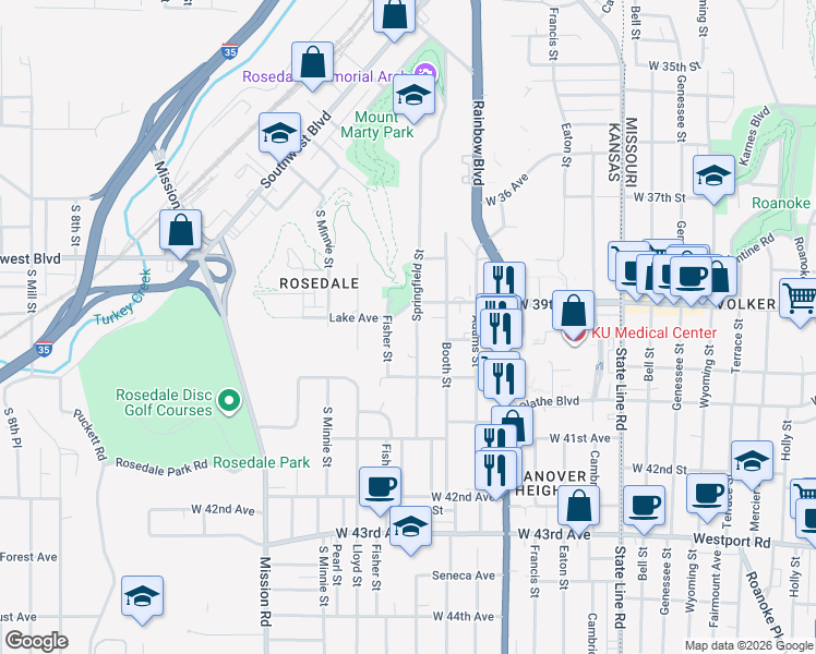 map of restaurants, bars, coffee shops, grocery stores, and more near 2605 West 39th Avenue in Kansas City