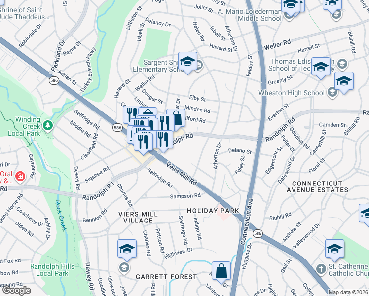 map of restaurants, bars, coffee shops, grocery stores, and more near 4024 Gannon Road in Silver Spring