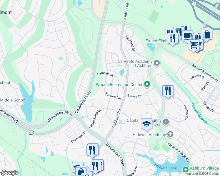 map of restaurants, bars, coffee shops, grocery stores, and more near 20235 Millstead Drive in Ashburn