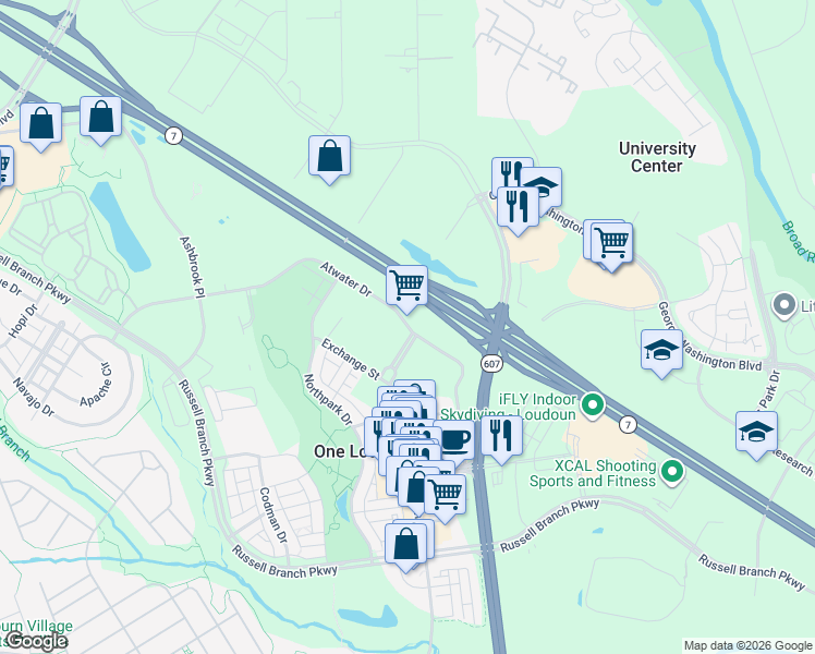 map of restaurants, bars, coffee shops, grocery stores, and more near Atwater Drive in Ashburn