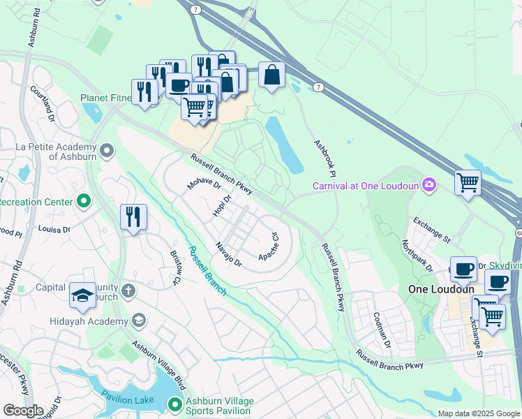 map of restaurants, bars, coffee shops, grocery stores, and more near 44381 Navajo Drive in Ashburn