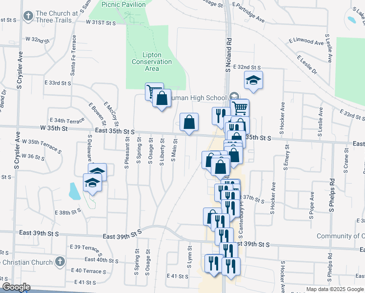 map of restaurants, bars, coffee shops, grocery stores, and more near 3512 South Lynn Street in Independence
