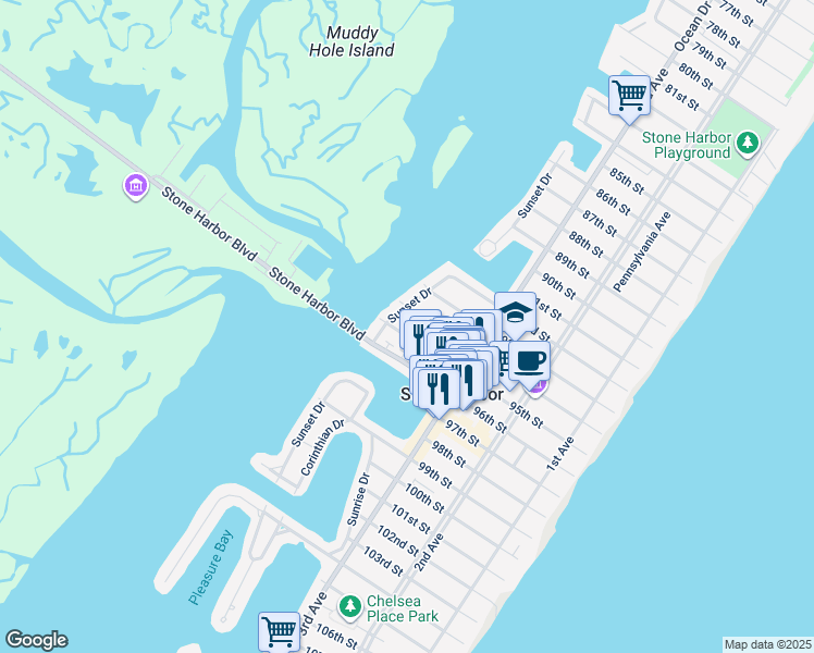map of restaurants, bars, coffee shops, grocery stores, and more near 9411B Sunset Drive in Stone Harbor
