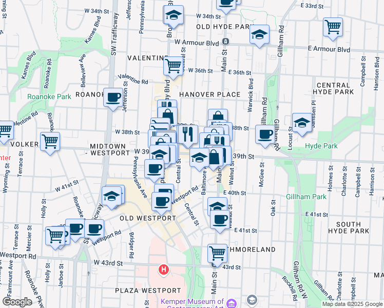 map of restaurants, bars, coffee shops, grocery stores, and more near West 39th Street & Wyandotte Street in Kansas City