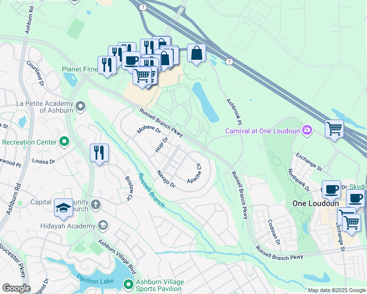 map of restaurants, bars, coffee shops, grocery stores, and more near 20221 Edisto Square in Ashburn
