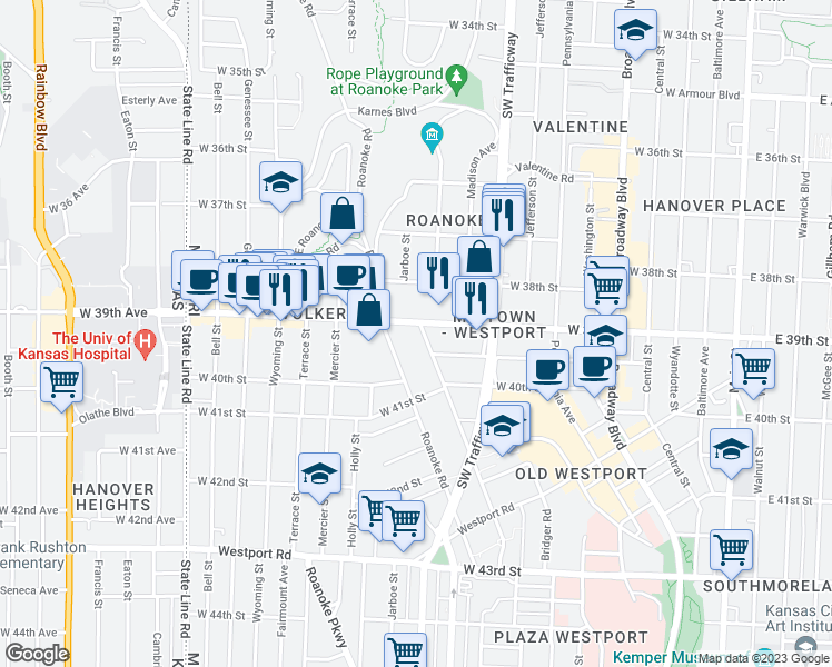 map of restaurants, bars, coffee shops, grocery stores, and more near 3908 Clark Avenue in Kansas City