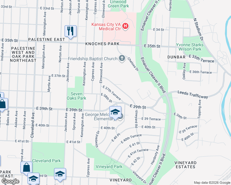 map of restaurants, bars, coffee shops, grocery stores, and more near 4654 East 37th Terrace in Kansas City