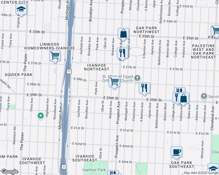 map of restaurants, bars, coffee shops, grocery stores, and more near 3807 Olive Street in Kansas City
