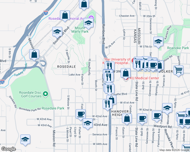 map of restaurants, bars, coffee shops, grocery stores, and more near 3901 Booth Street in Kansas City