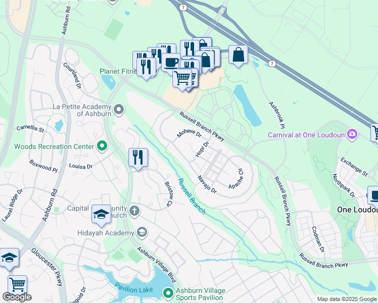 map of restaurants, bars, coffee shops, grocery stores, and more near 20215 Aztec Court in Ashburn