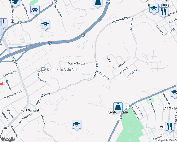 map of restaurants, bars, coffee shops, grocery stores, and more near 1400 Highland Avenue in Fort Wright