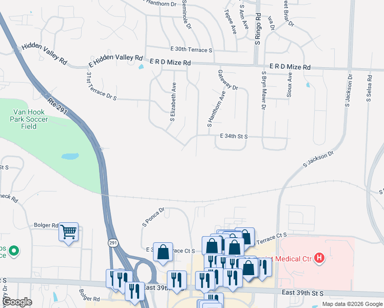 map of restaurants, bars, coffee shops, grocery stores, and more near 3413 South Arrowhead Drive in Independence