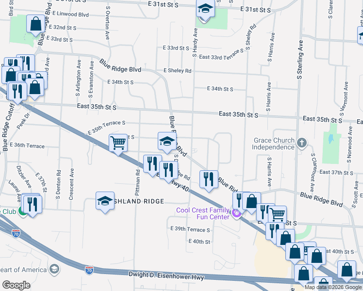 map of restaurants, bars, coffee shops, grocery stores, and more near 3601 Blue Ridge Boulevard in Independence