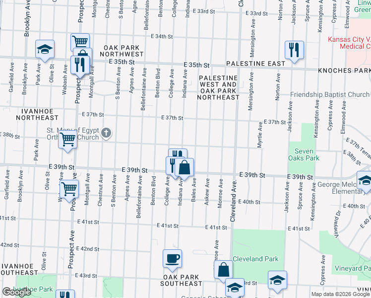 map of restaurants, bars, coffee shops, grocery stores, and more near 3738 Bales Avenue in Kansas City