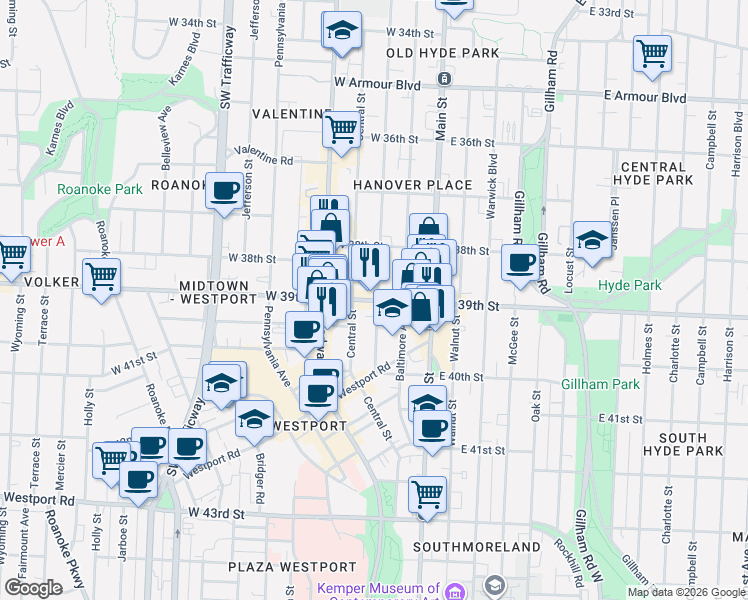 map of restaurants, bars, coffee shops, grocery stores, and more near 3838 Wyandotte Street in Kansas City