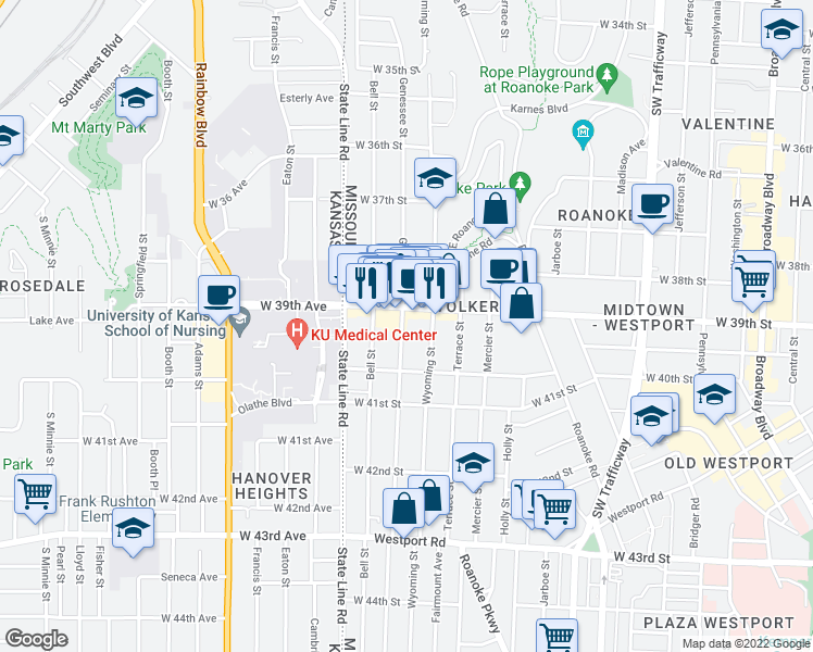 map of restaurants, bars, coffee shops, grocery stores, and more near 1621 West 39th Street in Kansas City