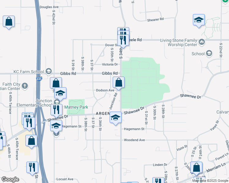 map of restaurants, bars, coffee shops, grocery stores, and more near 2476 South 34th Street in Kansas City