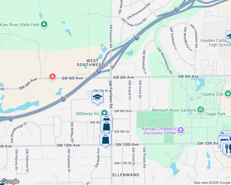 map of restaurants, bars, coffee shops, grocery stores, and more near 4707 SW 6th Ave in Topeka