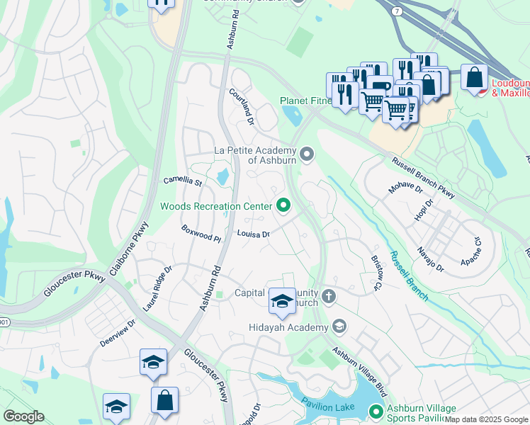 map of restaurants, bars, coffee shops, grocery stores, and more near 20238 Birdsnest Place in Ashburn