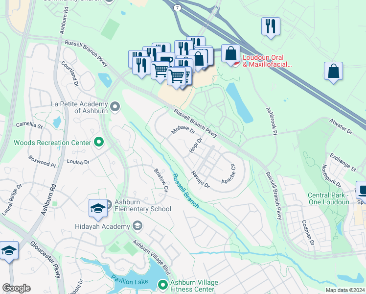 map of restaurants, bars, coffee shops, grocery stores, and more near 20215 Aztec Court in Ashburn