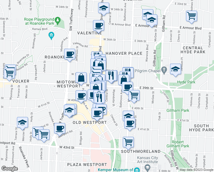 map of restaurants, bars, coffee shops, grocery stores, and more near West 39th Street & Central Street in Kansas City