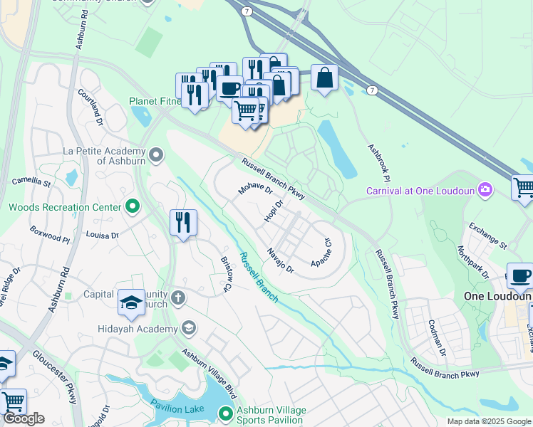map of restaurants, bars, coffee shops, grocery stores, and more near 20222 Aztec Court in Ashburn